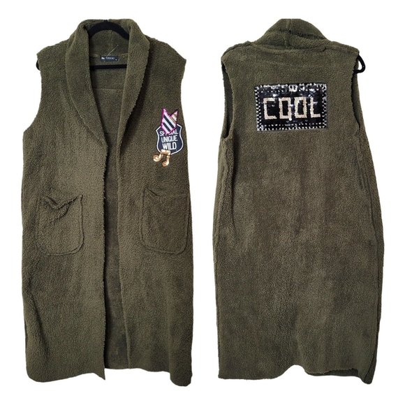 SOUCHI Olive Green Long Sherpa Knit Vest with patches Size Medium - Picture 1 of 11